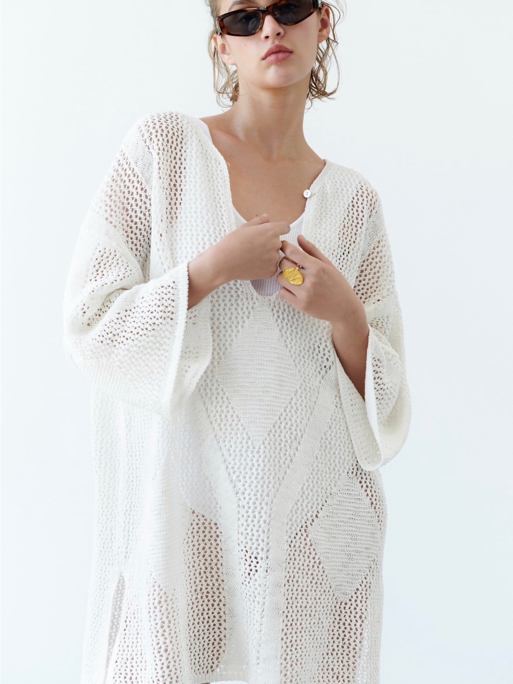 ZARA White Crochet Swim Cover-Up Tunic (NEVER WORN)